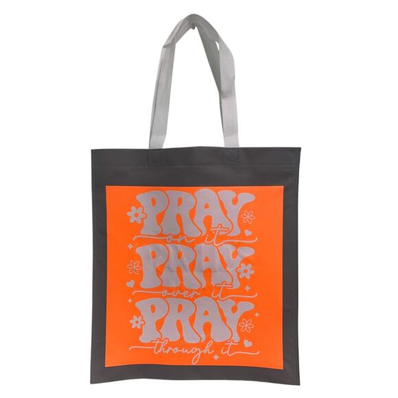 New Upcycled Hand Printed Pray On It Over It Through It Shopper Tote Bag - Picture 1 of 4